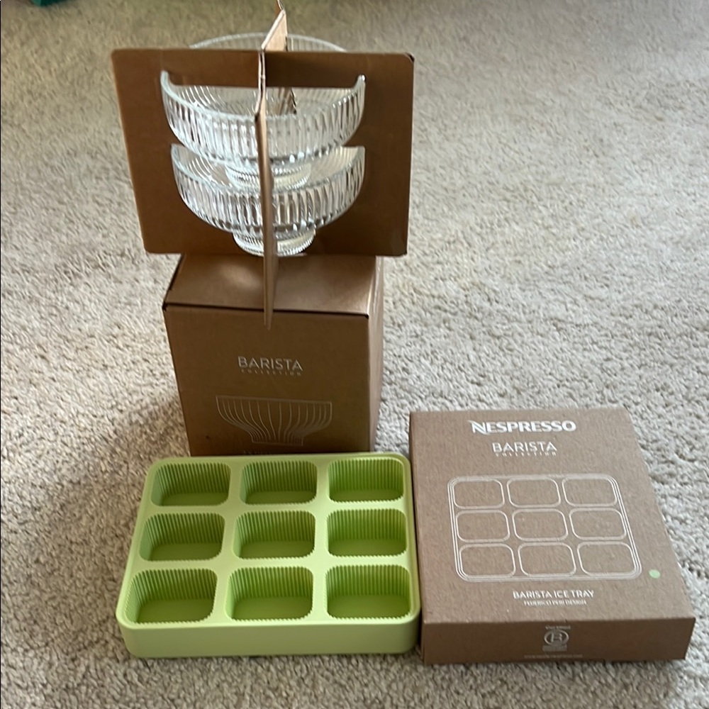 Nespresso Barista Set with Pistachio Green Ice Cube Tray and Glass Dessert Bowls
